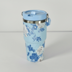 مج حراري بتصميم ورد أزرق – زجاجة حرارية لحفظ الحرارة بغطاء محكم